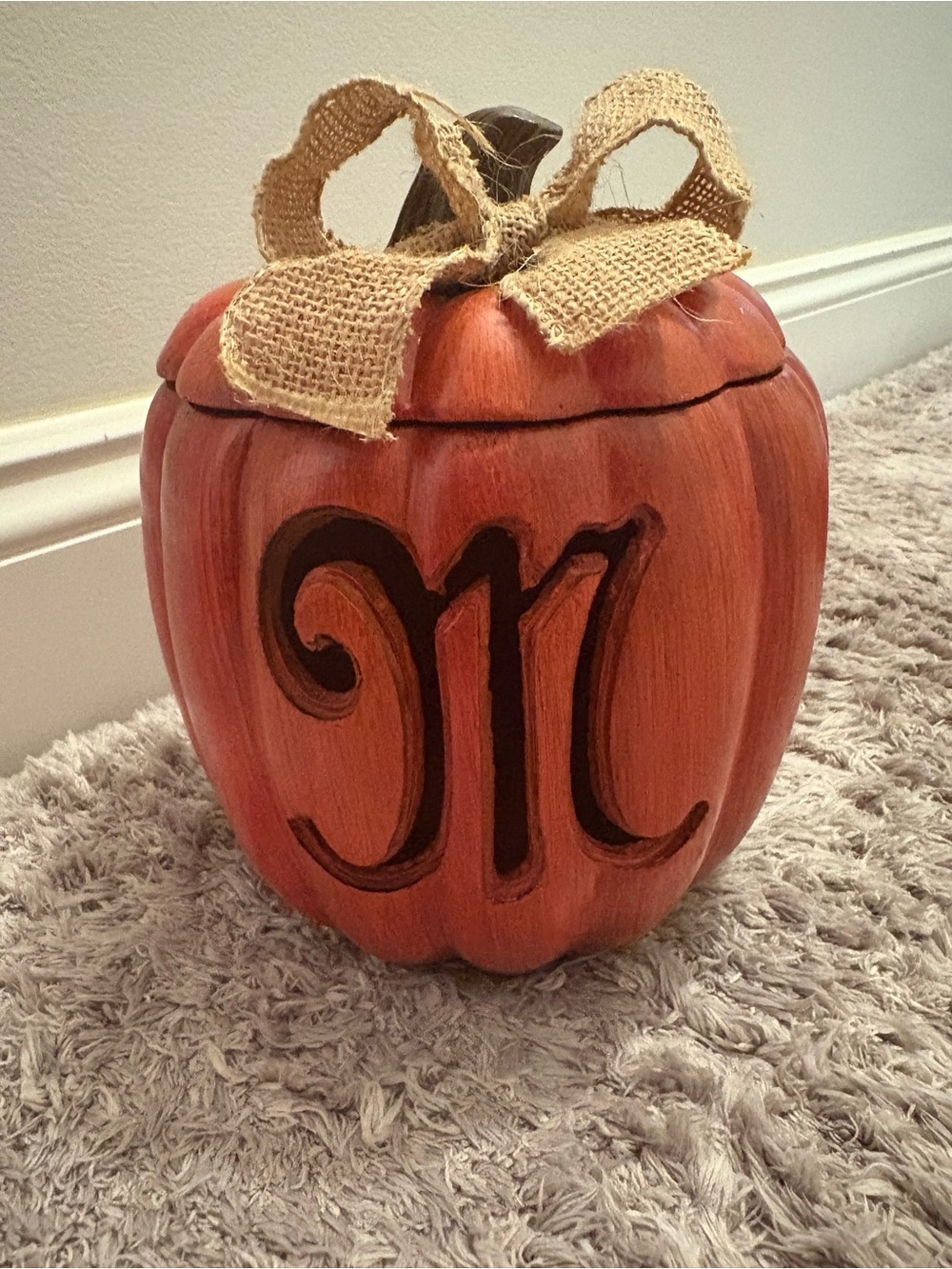 Kirklands Orange Monogram Pumpkin Jar with Burlap Bow. Letter M